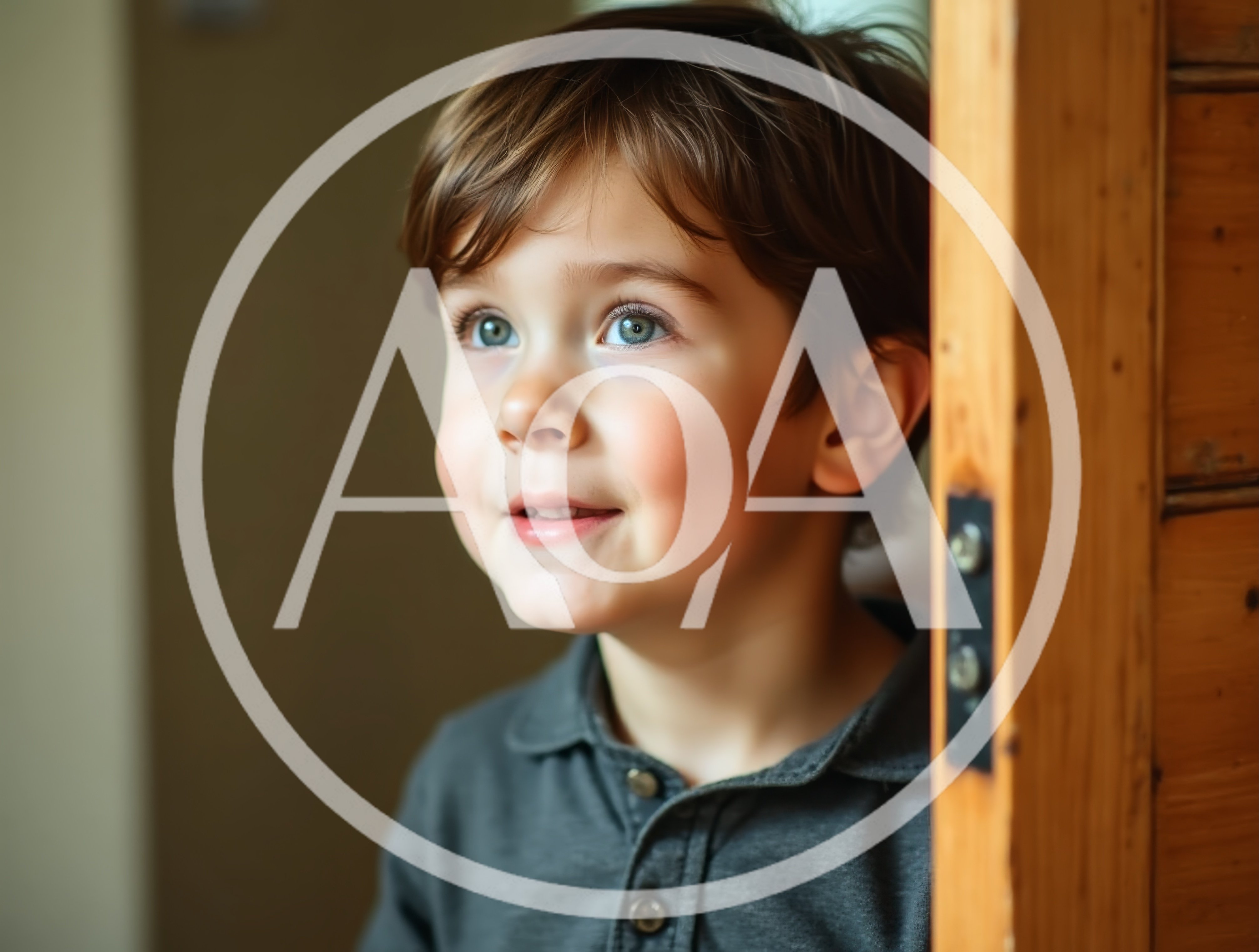 Young Boy Peeking Through A Wooden Doorway