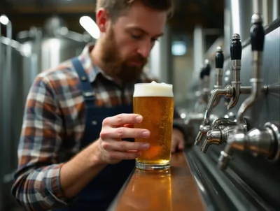 Brewery Worker Inspecting A Freshly Poured Pint Of Beer