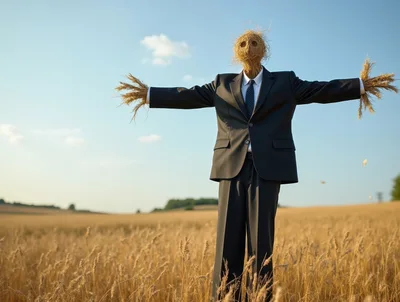 Scarecrow Wearing A Business Suit In A Wheat Field