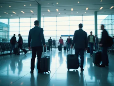 Business Travelers Walking Through A Modern Airport Terminal