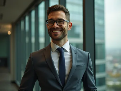 Smiling Businessman Standing In Modern Office Building