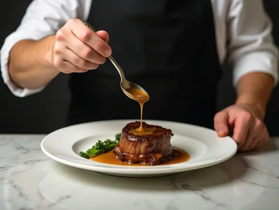 Chef Pouring Sauce Over A Gourmet Filet Mignon