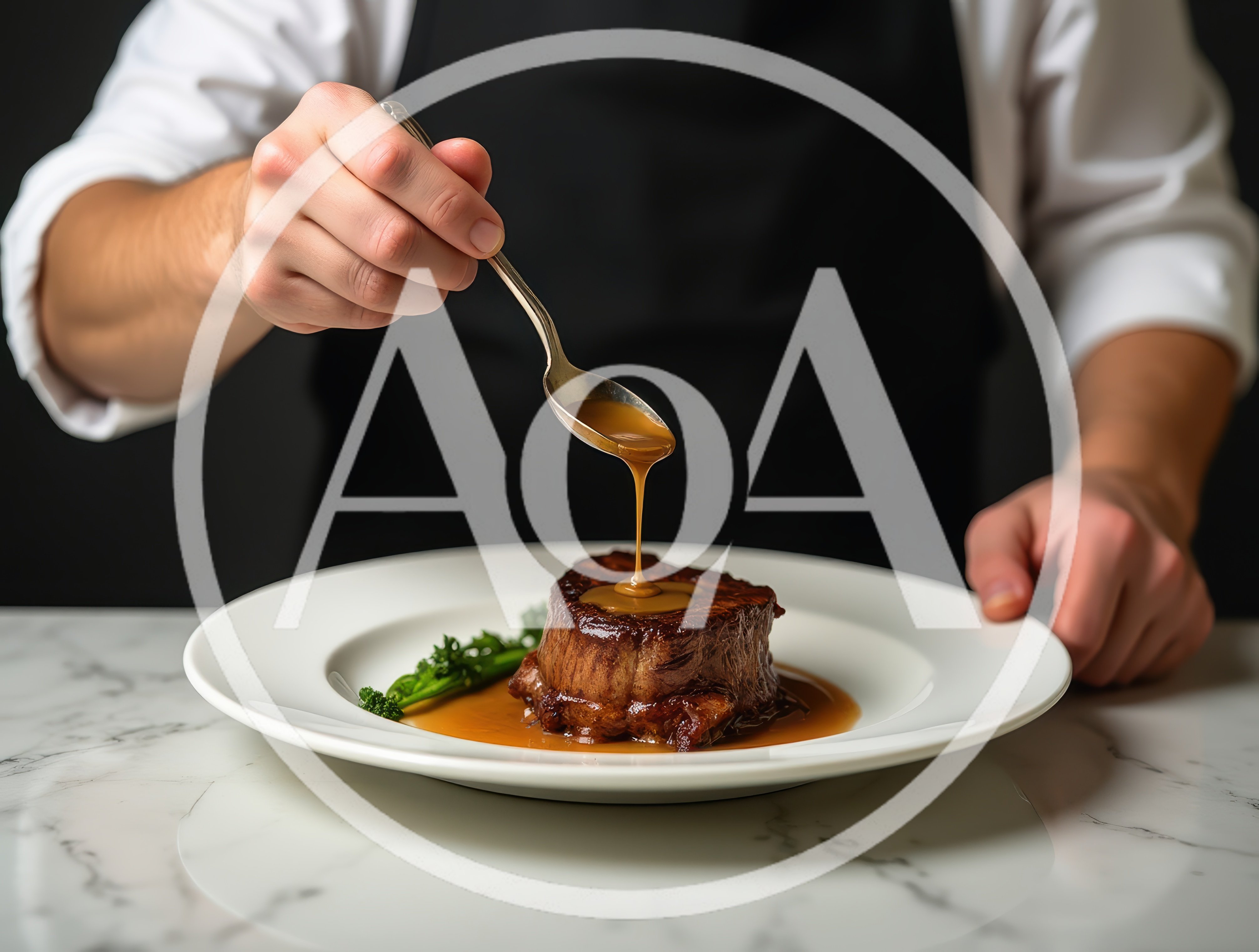 Chef Pouring Sauce Over A Gourmet Filet Mignon