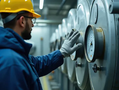 Industrial Technician Monitoring Pressure Gauges In A Factory