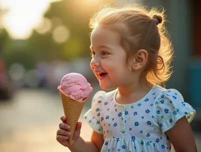 Happy Toddler Girl Eating Strawberry Ice Cream Cone