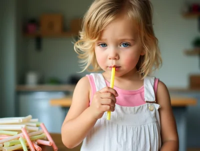 Toddler Girl Holding A Yellow Straw In A Kitchen