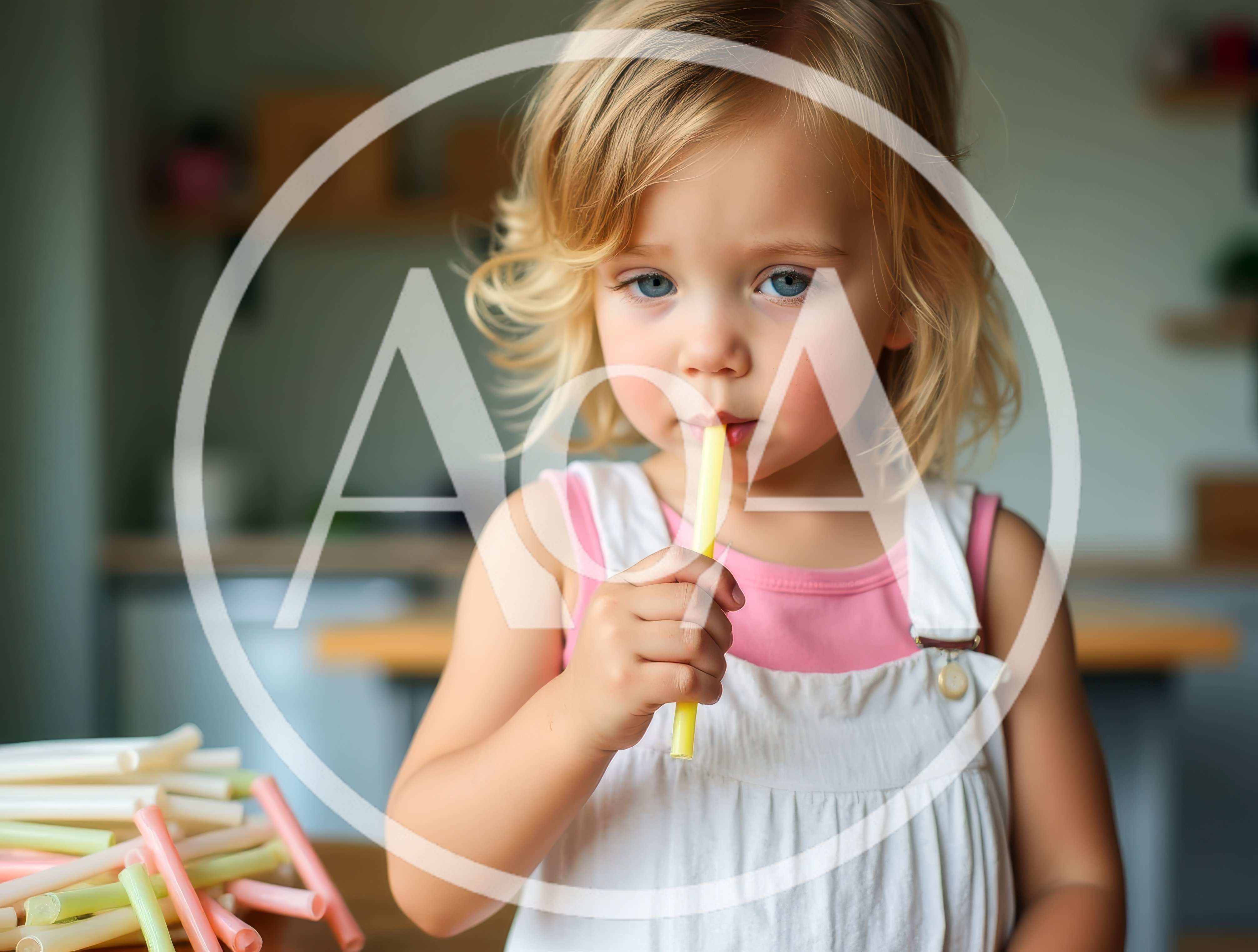 Toddler Girl Holding A Yellow Straw In A Kitchen