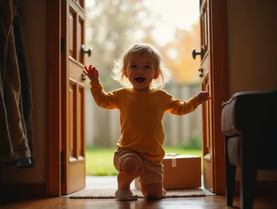 Happy Toddler Kneeling In Open Doorway