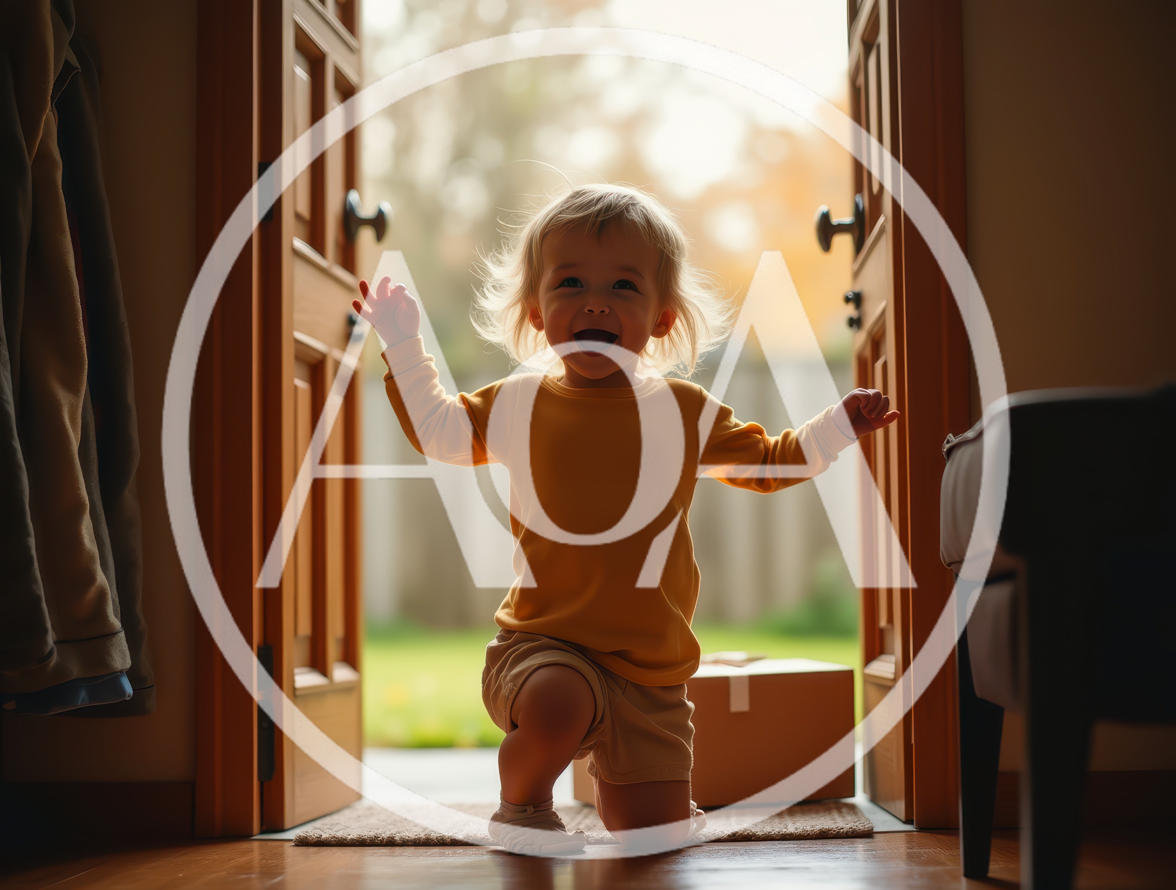 Happy Toddler Kneeling In Open Doorway