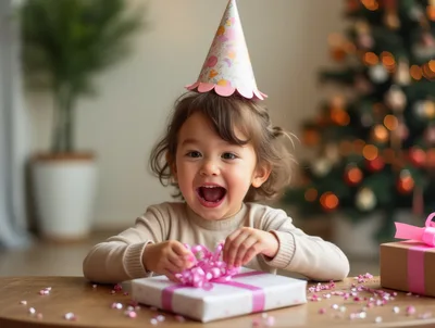 Excited Toddler Opening Birthday Gift At Home