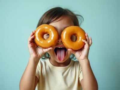 Child Holding Glazed Donuts Over Eyes