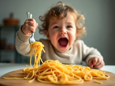 Excited Toddler Eating Spaghetti with a Fork