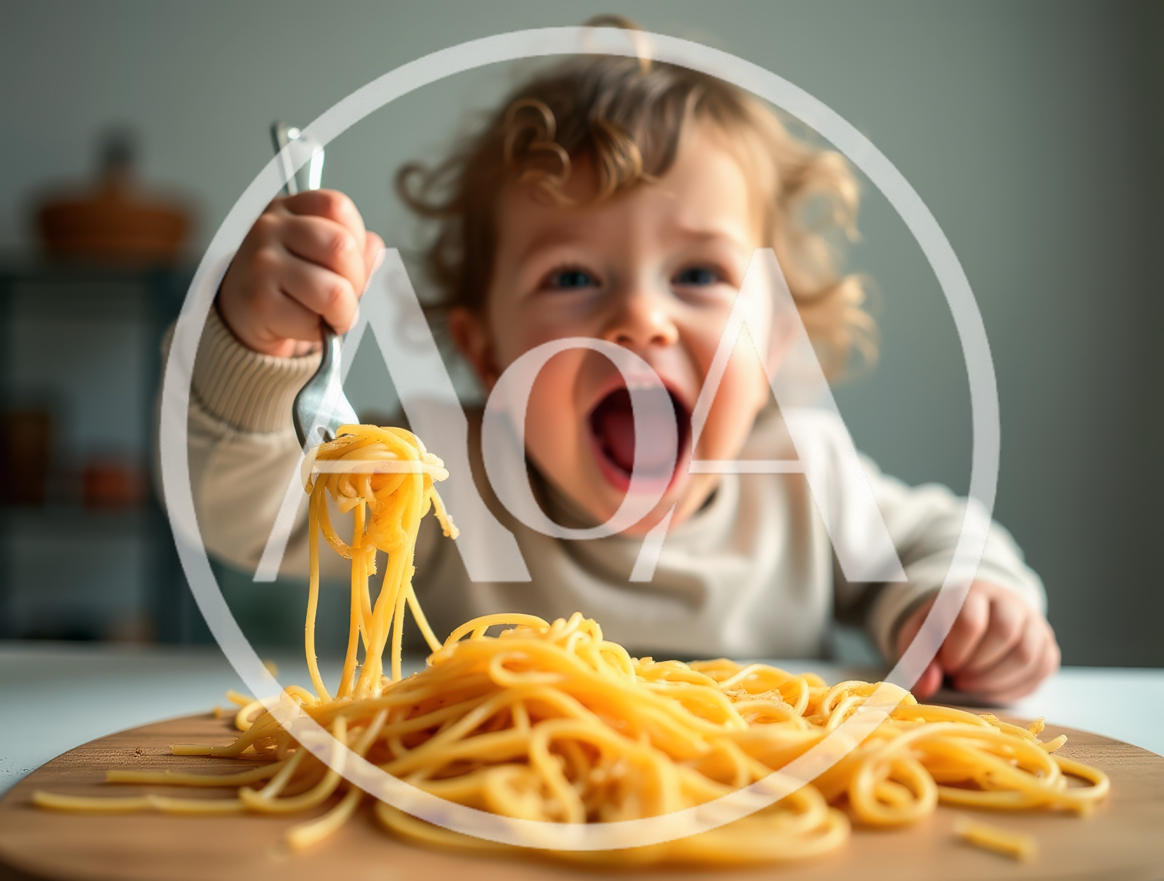 Excited Toddler Eating Spaghetti with a Fork