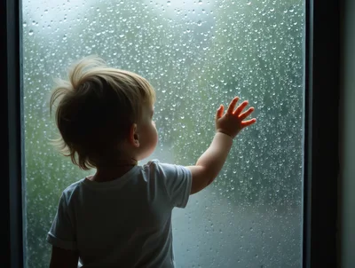 Toddler Touching Raindrops On A Windowpane