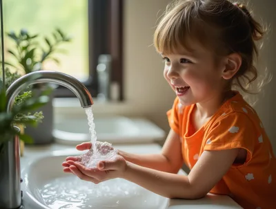 Happy Little Girl Washing Hands In Bathroom Sink
