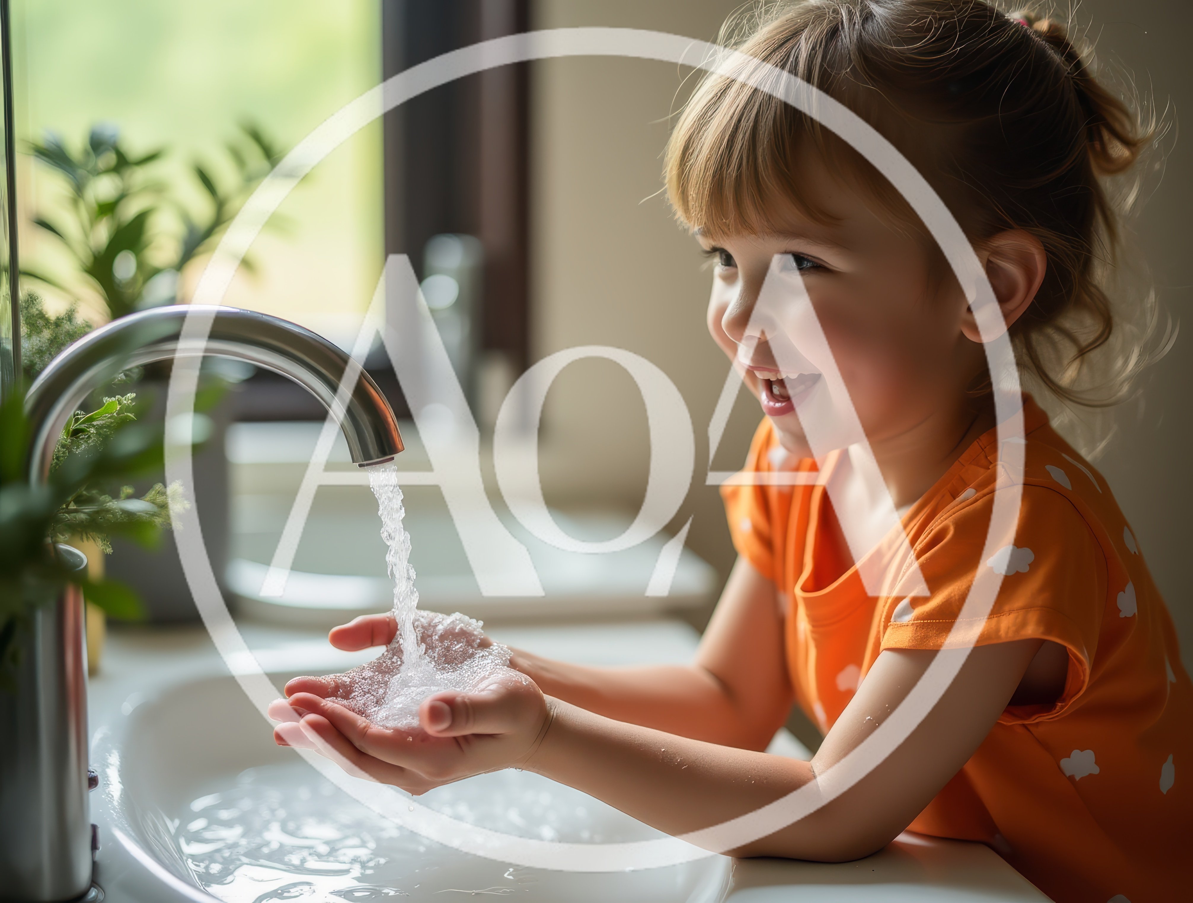 Happy Little Girl Washing Hands In Bathroom Sink