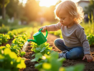Toddler Watering Young Vegetable Plants In A Sunny Garden
