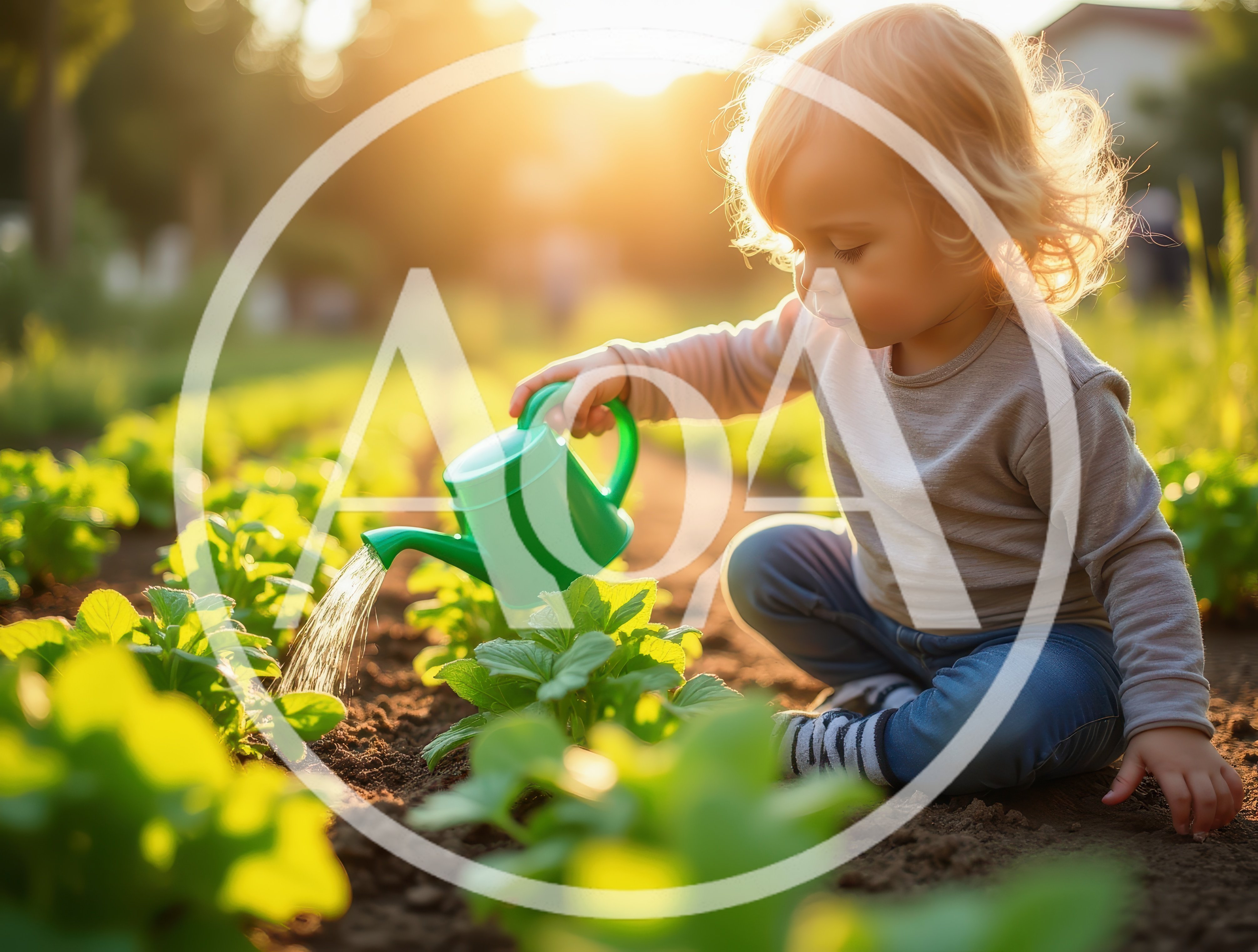 Toddler Watering Young Vegetable Plants In A Sunny Garden