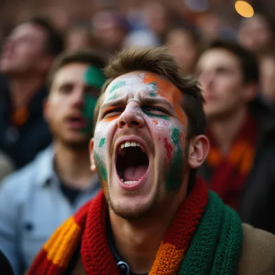 Passionate Sports Fan Cheering With Face Paint