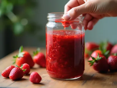 Hand Dipping Fresh Strawberry Into Homemade Jam Jar
