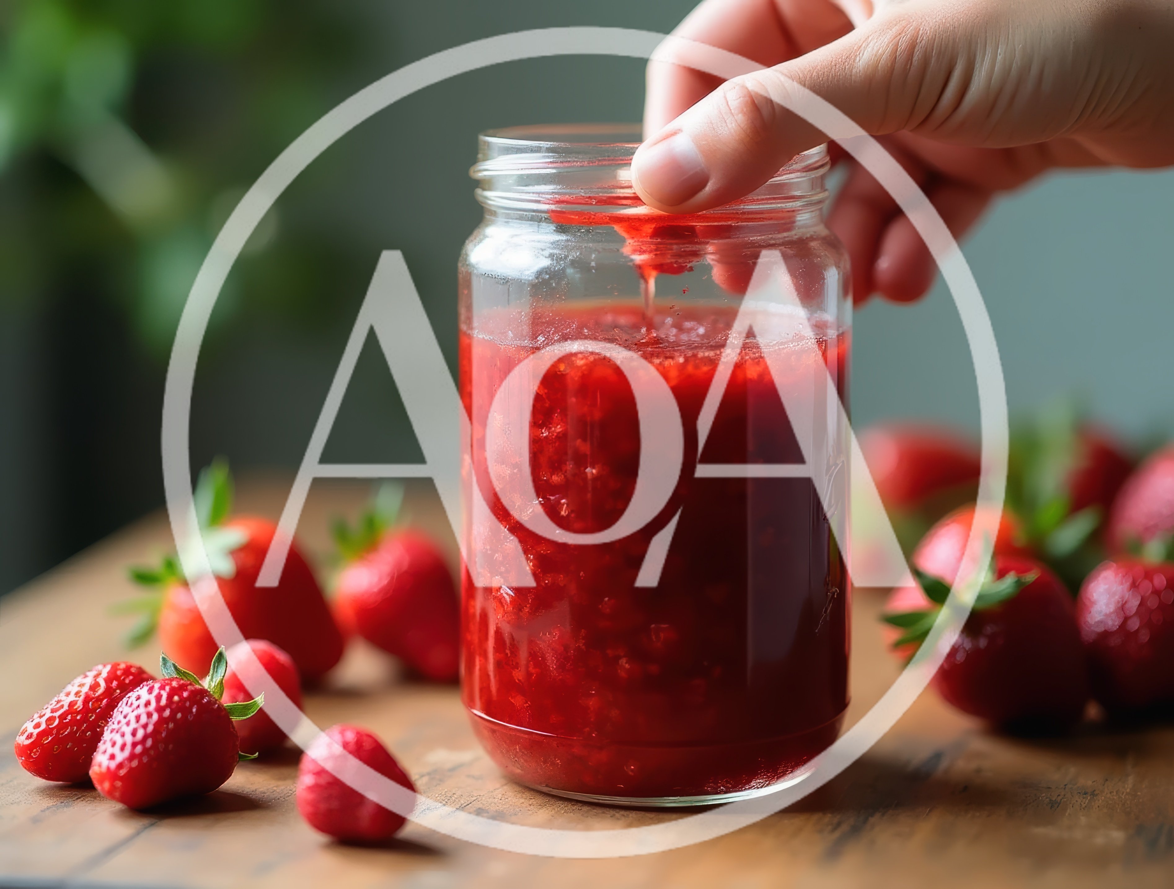 Hand Dipping Fresh Strawberry Into Homemade Jam Jar