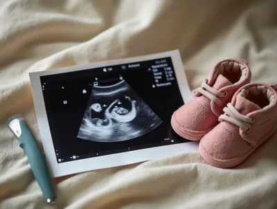 Ultrasound Scan With Baby Shoes On Soft Fabric