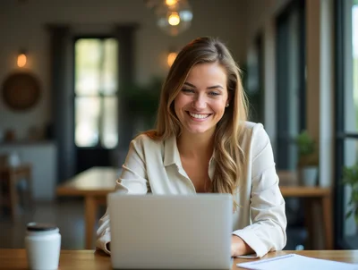 Smiling Woman Working On Laptop In A Cafe