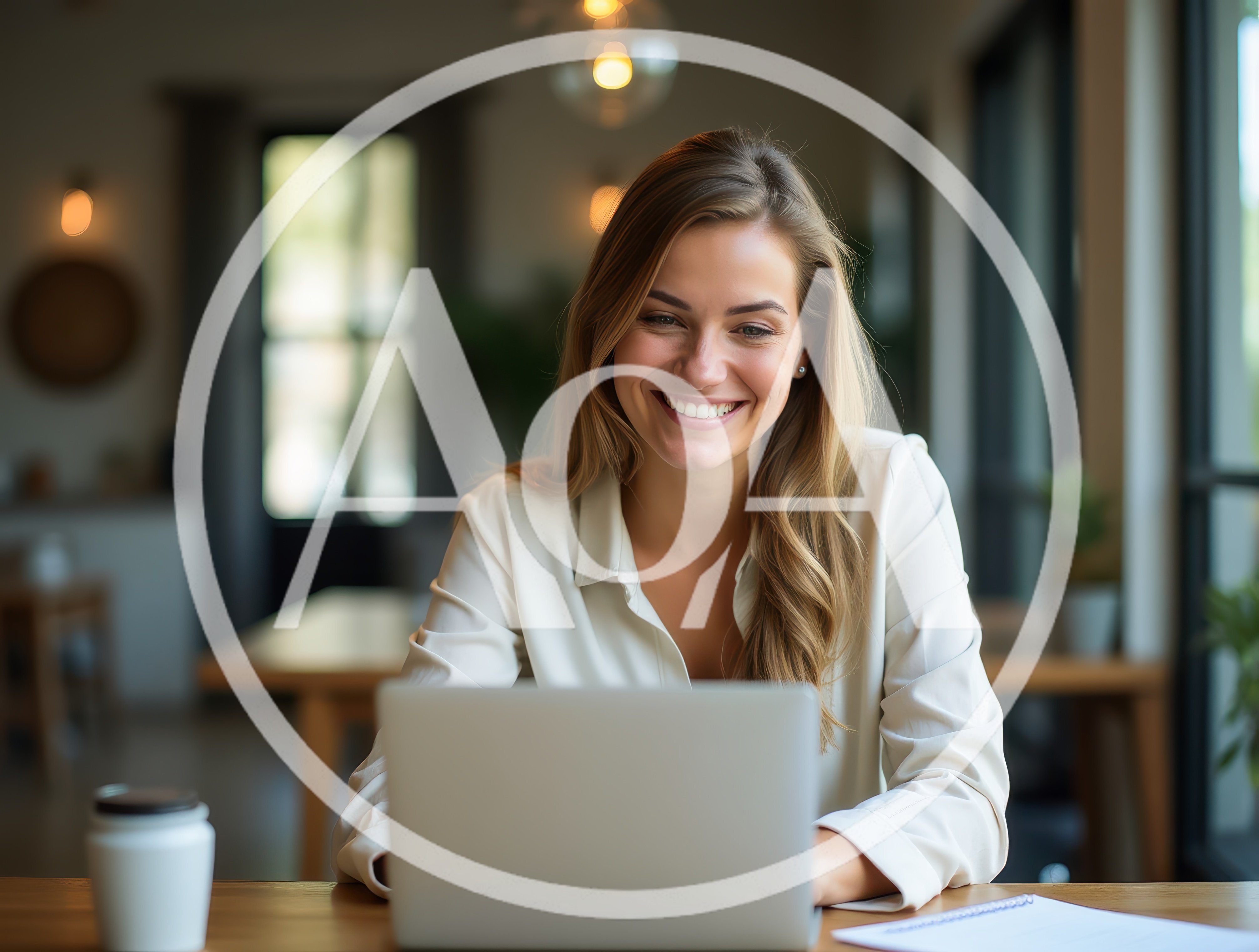 Smiling Woman Working On Laptop In A Cafe