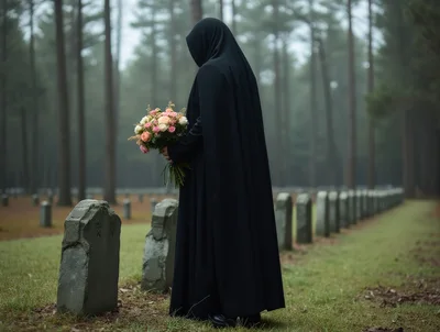 Mourning Figure Holding Flowers In A Foggy Cemetery