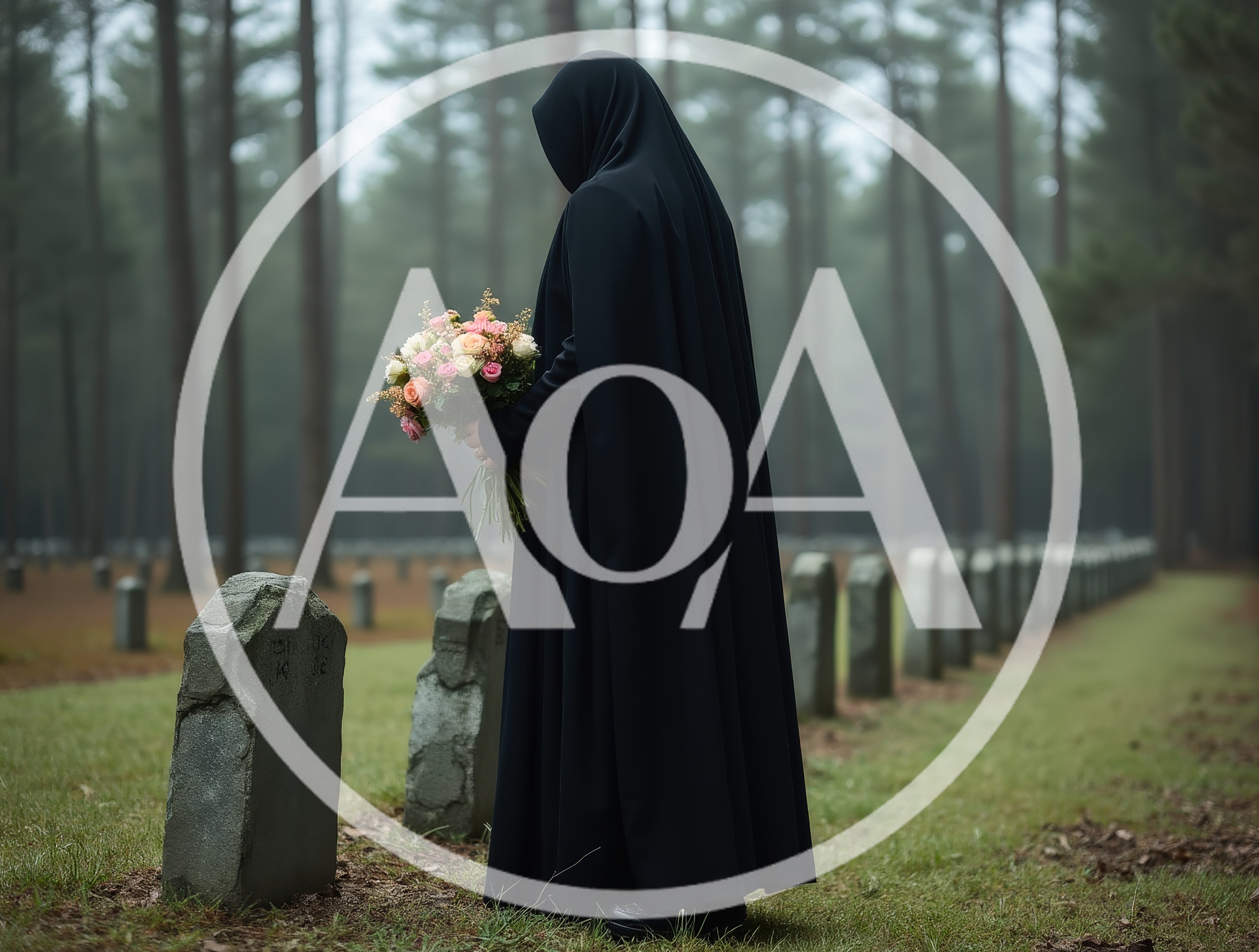 Mourning Figure Holding Flowers In A Foggy Cemetery