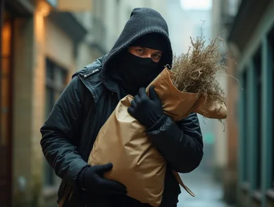 Person In Hooded Jacket Carrying Dried Plant Bundle