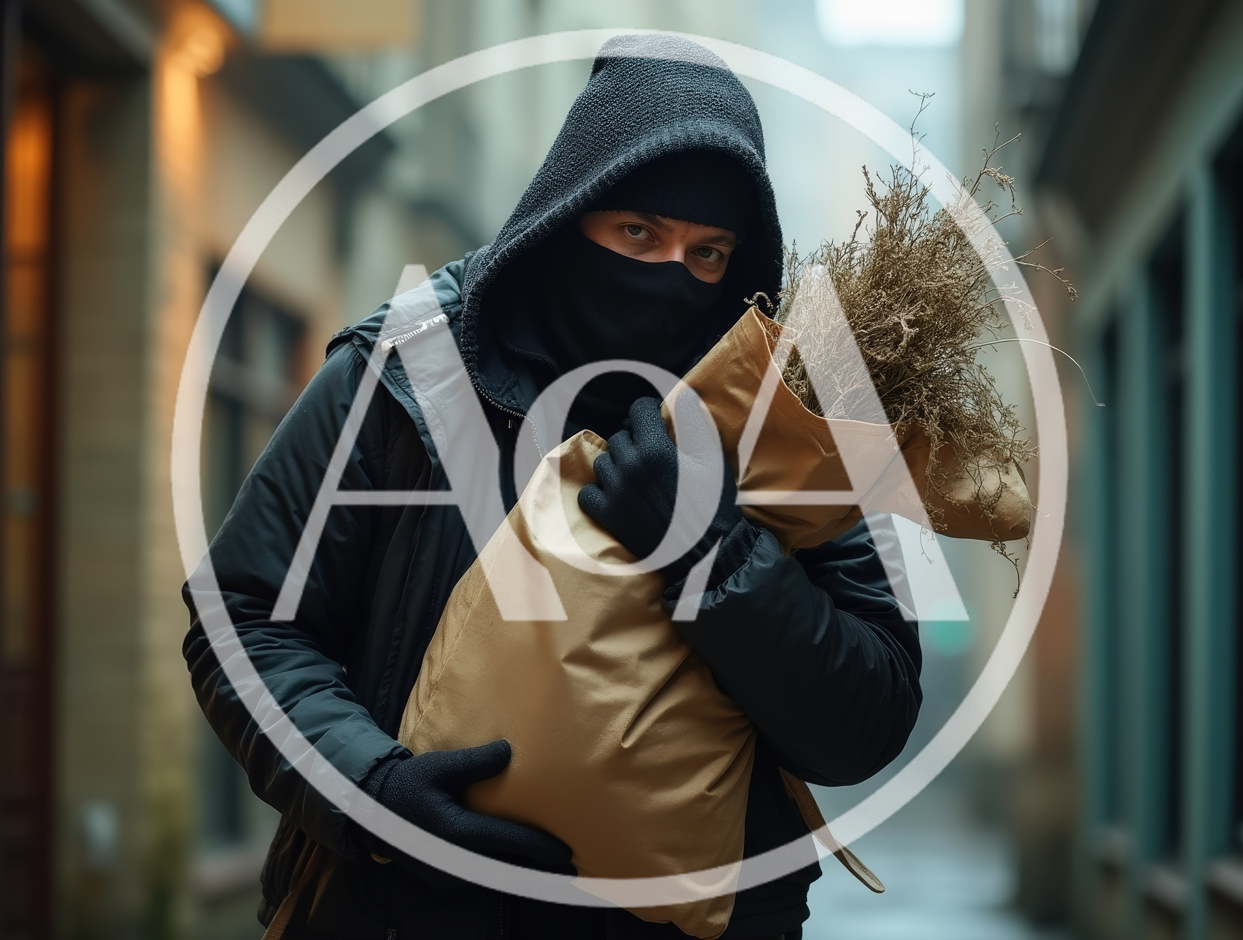 Person In Hooded Jacket Carrying Dried Plant Bundle