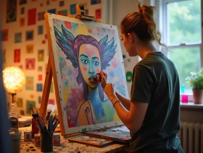 Young Artist Painting A Surreal Portrait On Canvas