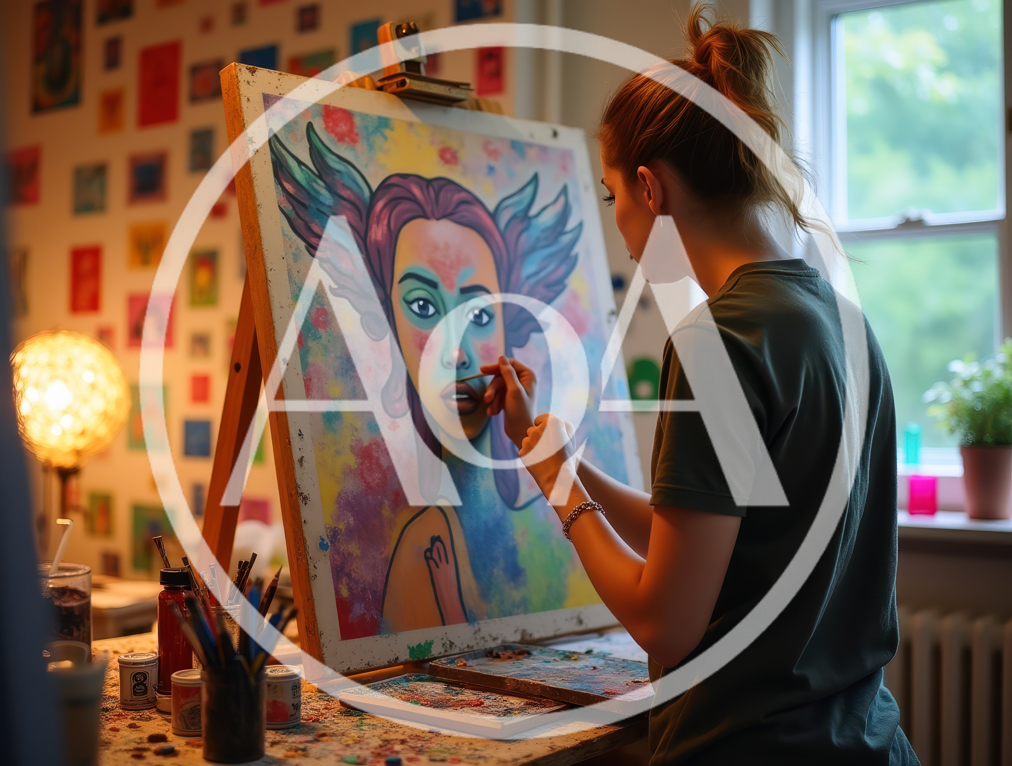 Young Artist Painting A Surreal Portrait On Canvas
