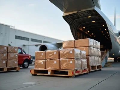 Cargo Pallets Being Loaded Into A Large Transport Aircraft