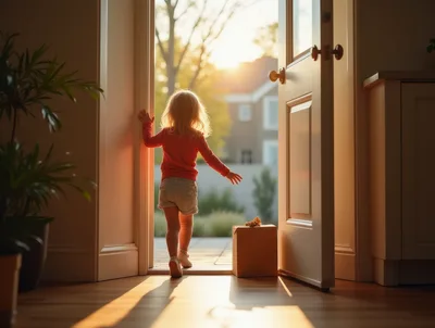 Toddler Girl Walking Through Open Doorway At Sunset