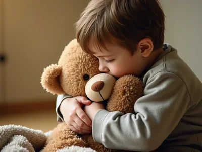 Young Boy Hugging His Teddy Bear