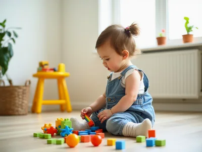 Toddler Playing With Colorful Building Blocks On Floor