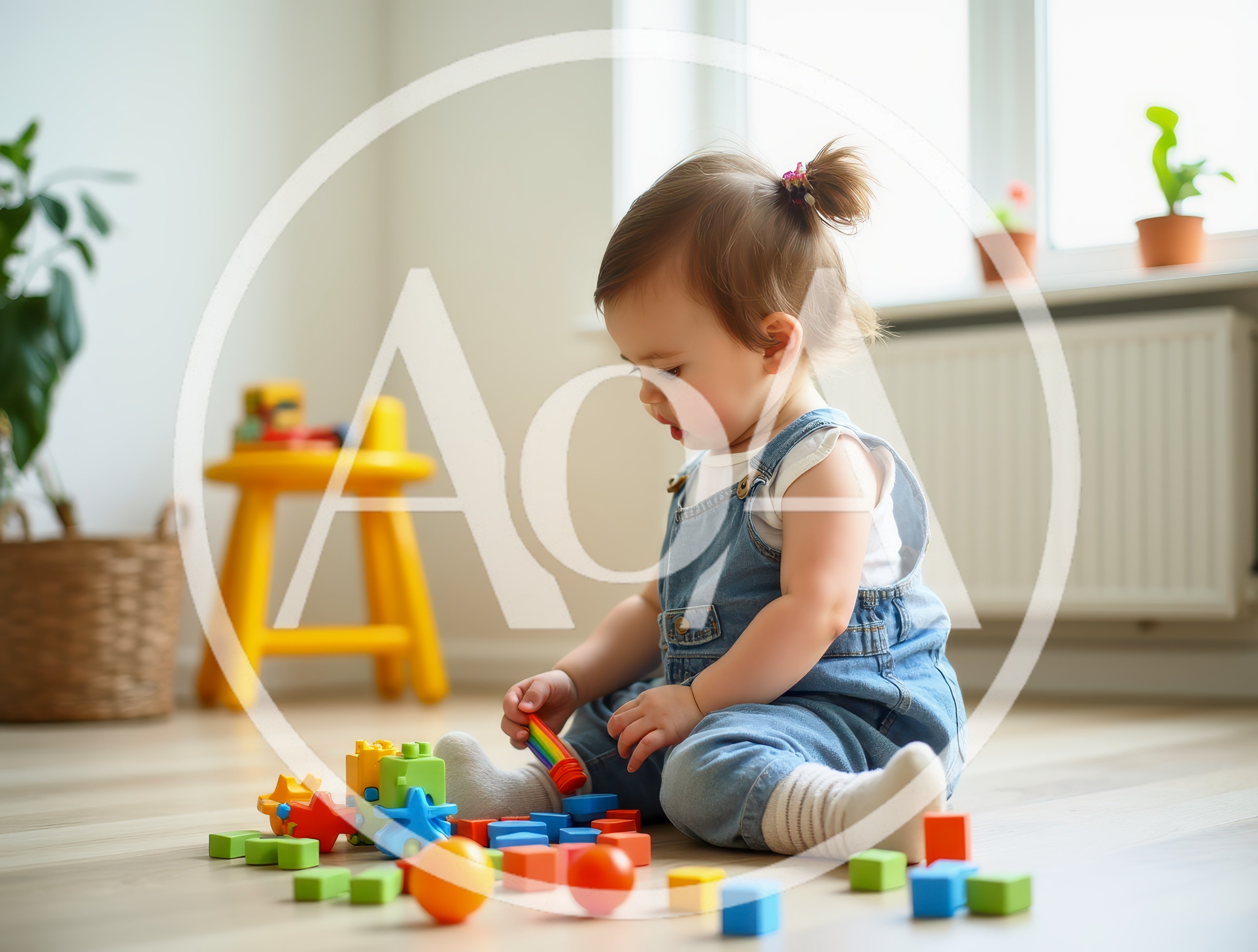 Toddler Playing With Colorful Building Blocks On Floor