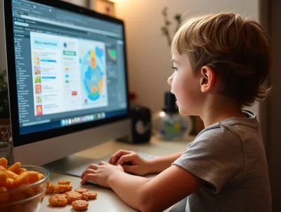 Young Boy Using Computer While Eating Snacks