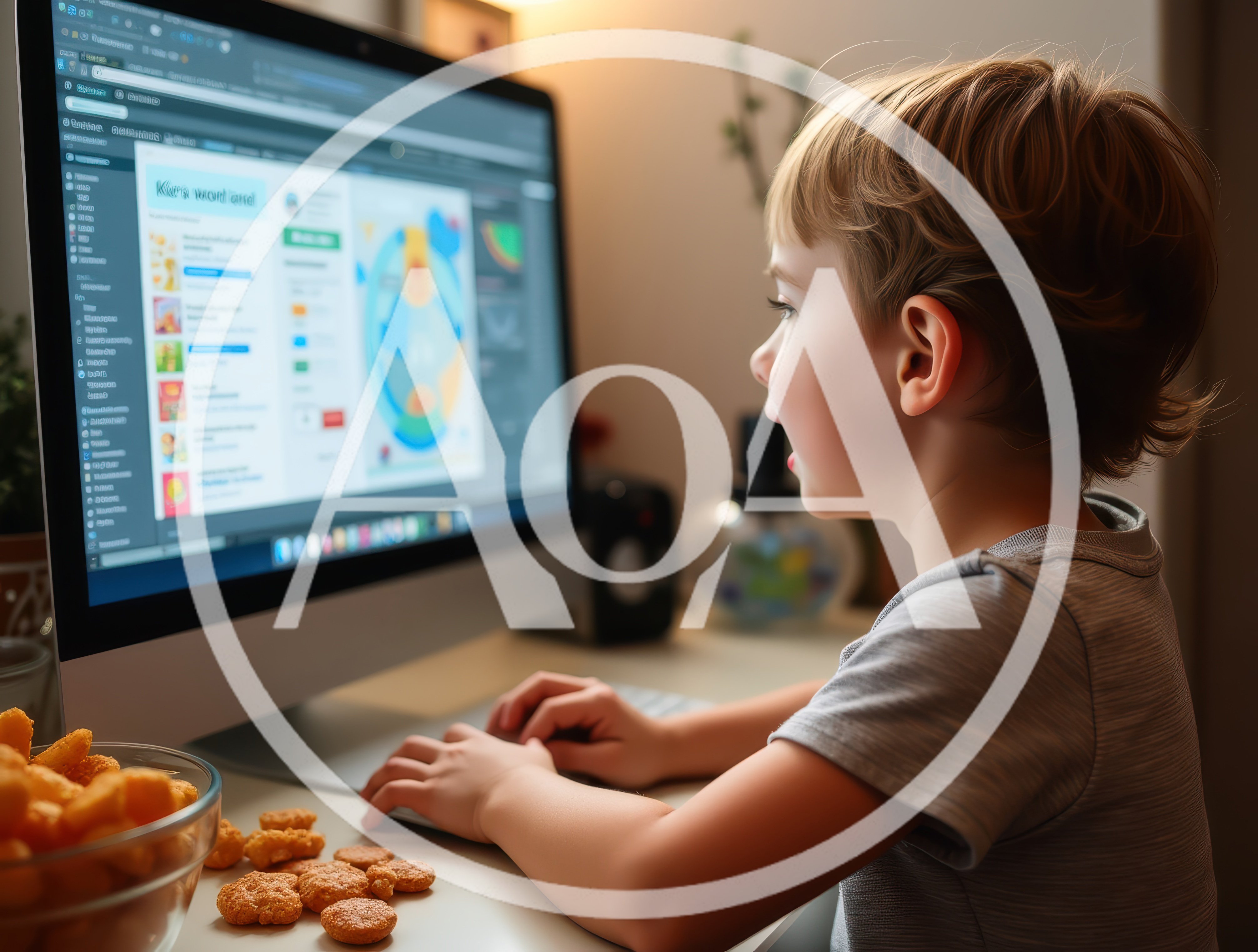 Young Boy Using Computer While Eating Snacks