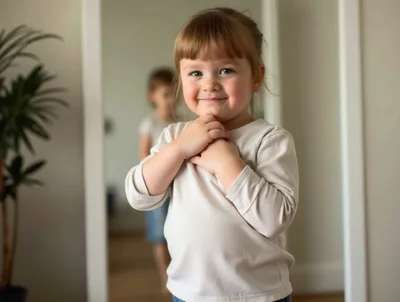 Happy Little Girl Standing In Front Of A Mirror