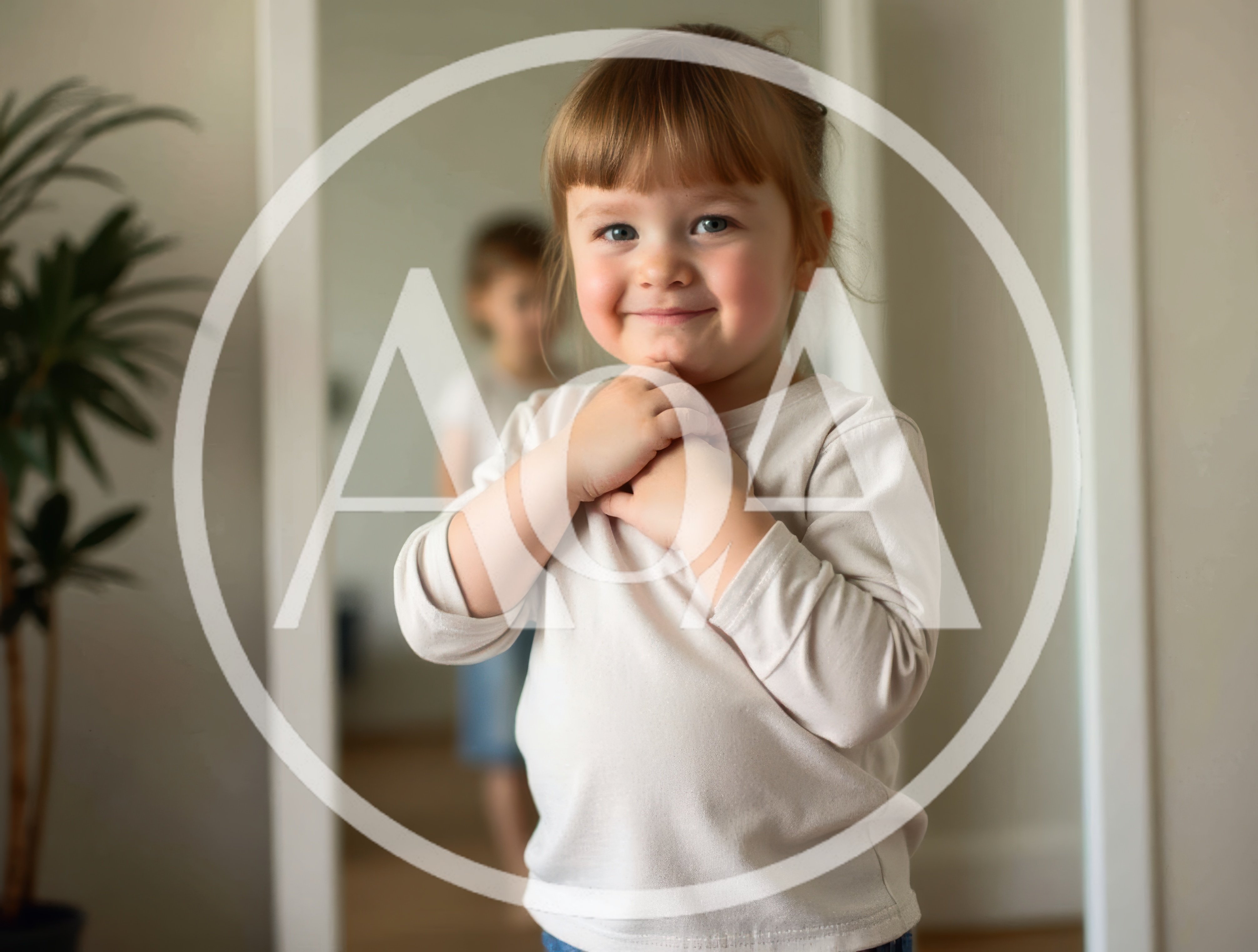 Happy Little Girl Standing In Front Of A Mirror