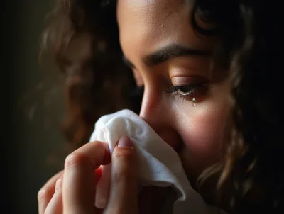 Close Up Of A Crying Woman Holding A Tissue
