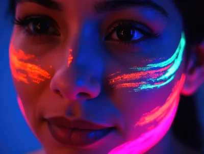 Close Up Portrait Of Woman With Neon Face Paint