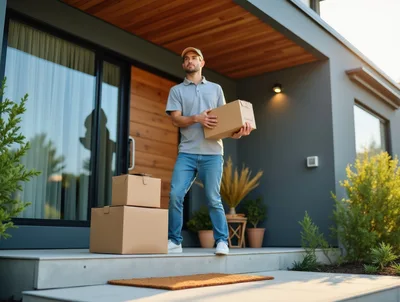 Delivery Man Carrying Cardboard Boxes to a Modern House