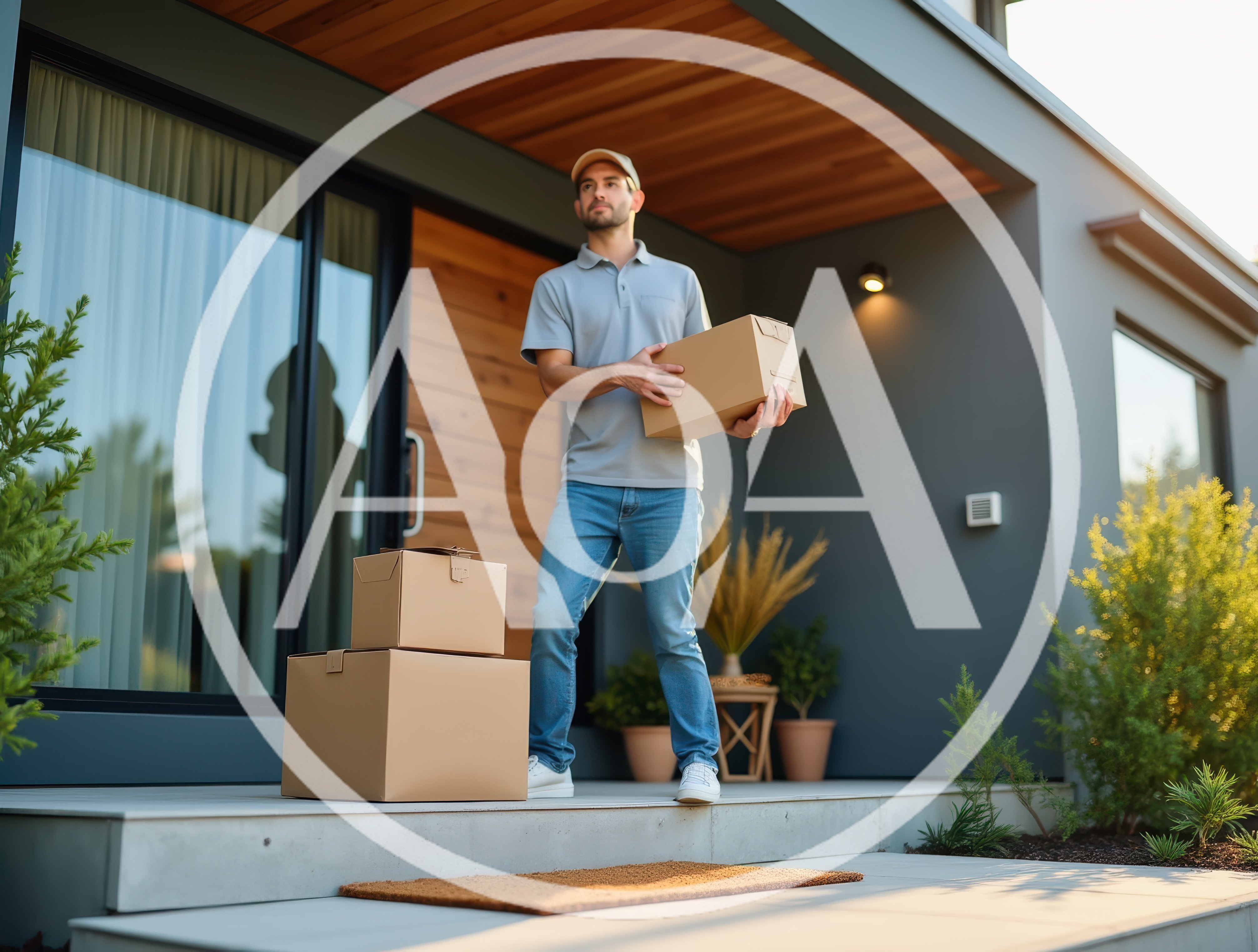 Delivery Man Carrying Cardboard Boxes to a Modern House