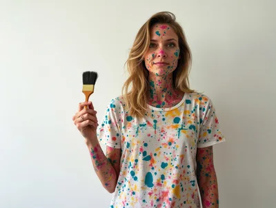 Woman Covered In Colorful Paint Holding A Paintbrush