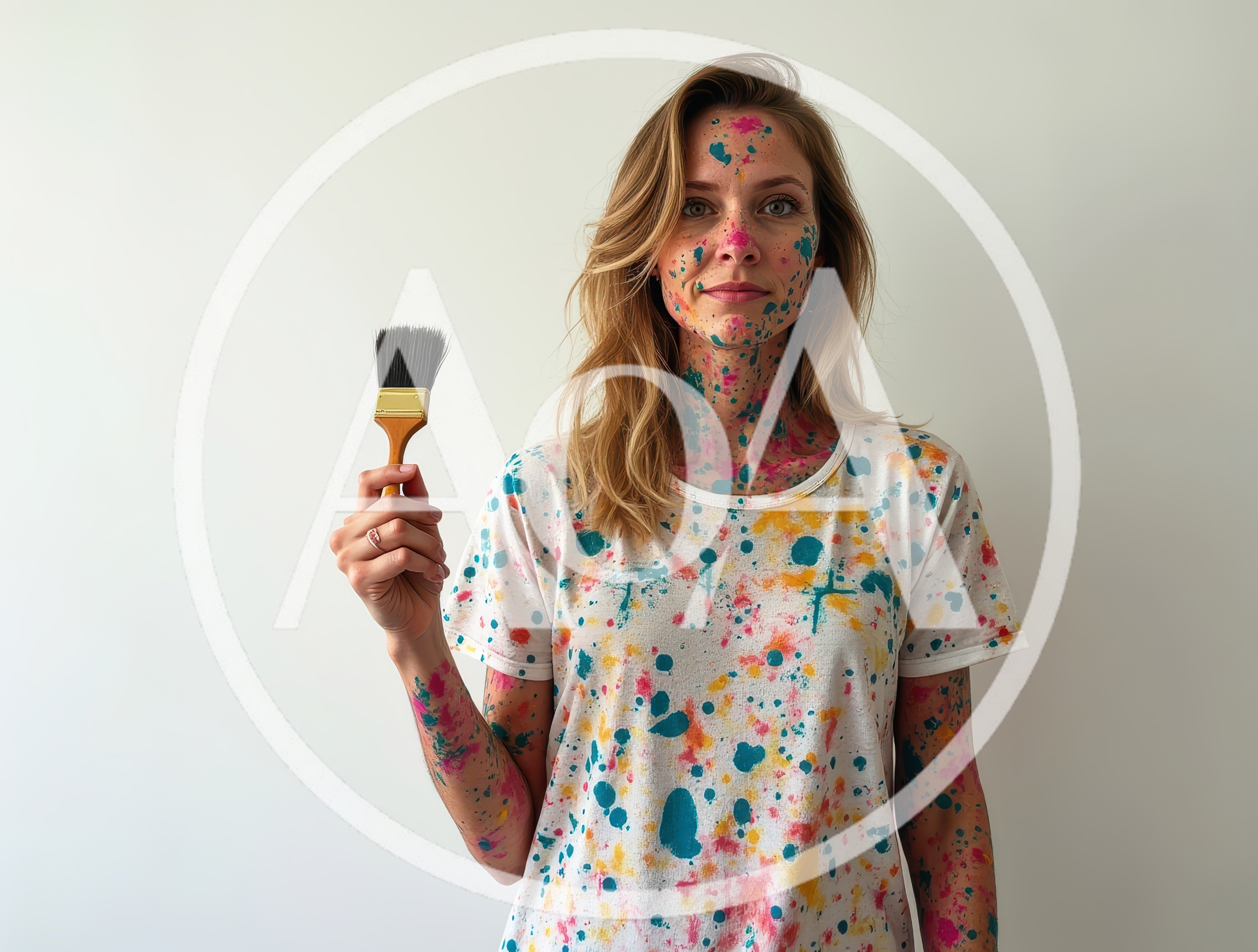 Woman Covered In Colorful Paint Holding A Paintbrush