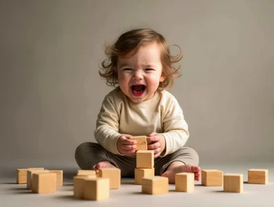 Toddler Laughing While Playing With Wooden Blocks